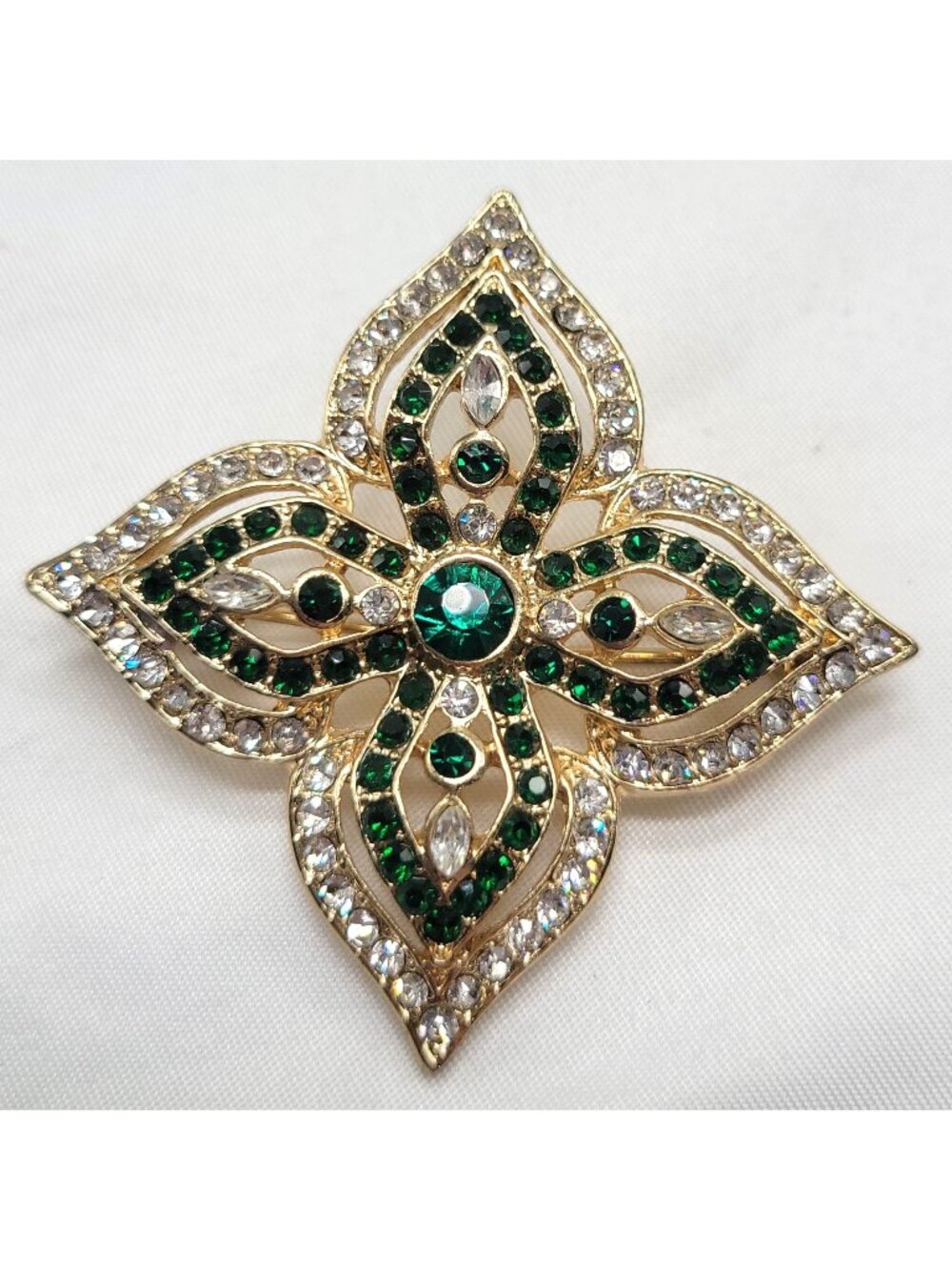 Vtg Art Deco Floral Brooch Green Clear Rhinestone Gold Tone Pin Jewelry